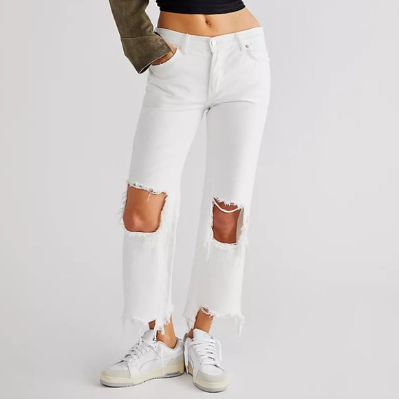 Free People Denim - FREE PEOPLE White Maggie Mid-Rise Straight-Leg Distressed Jeans 24